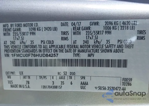 2017 Ford Escape S z USA, uszkodzony, nr VIN 1FMCU0F76HUD84257